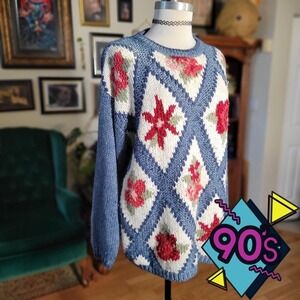 Nuggets Knit Sweater Vintage 90s Blue Floral Diamond Womens's Grannycore M